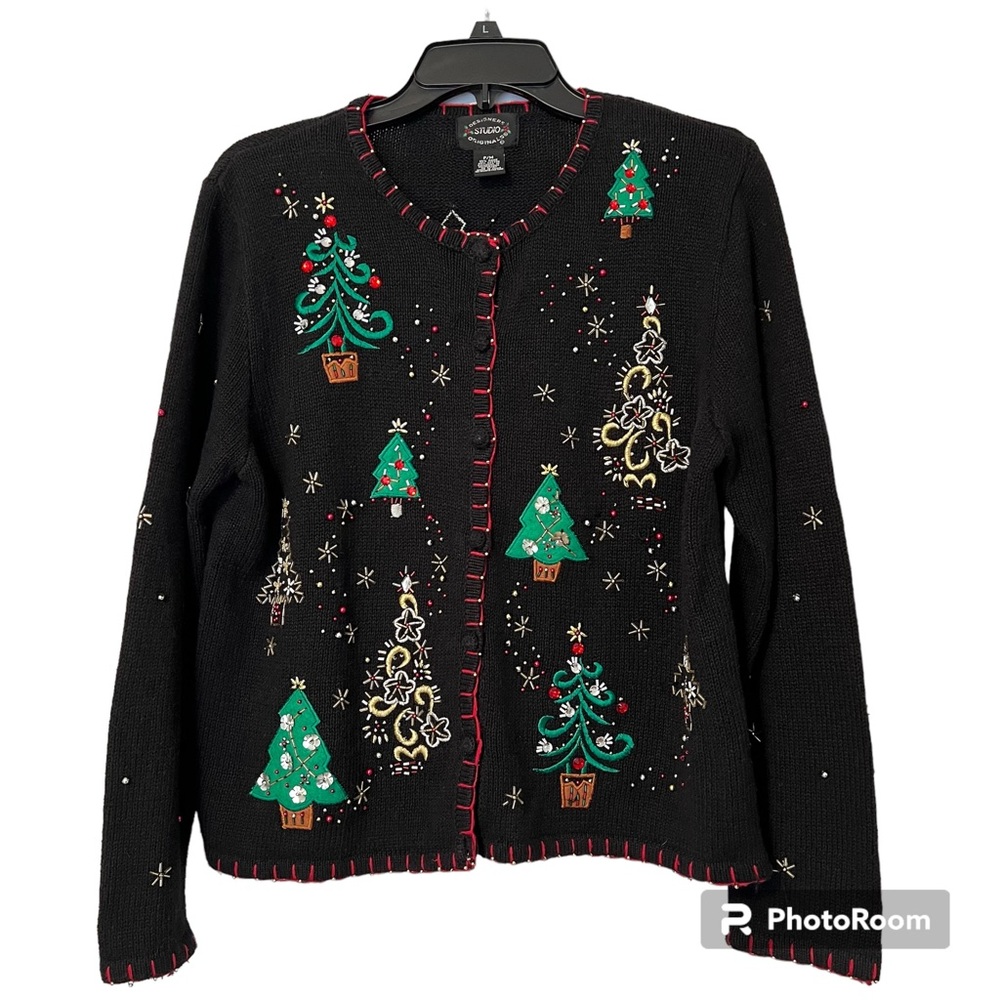 Designers Original Christmas sweater trees embroidered cardigan size MP